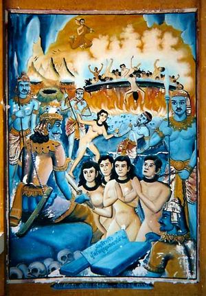 태국 북부 사찰의 벽화. 죽은 자들의 옷을 벗은 영혼들이 심판을 받기 위해 야마 앞에 불려간다. 프라 말라이는 사람들이 거대한 기름 가마솥에서 튀겨지는 것을 위에서 지켜본다.