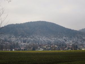 2015년 12월 클라겐푸르터 분지(오스트리아): 산에는 뚜렷한 역전 상고대 경계가 있다.