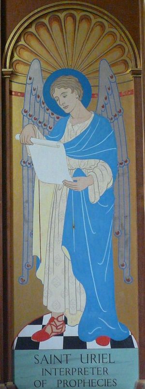 우리엘은 에녹과 에스라에게 예언을 해석했다고 전해진다. 세인트 마이클 앤 올 앤젤스 교회(호윅, 노섬벌랜드)의 패널화.