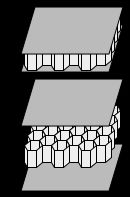 벌집 코어(C)와 표면재(B)가 있는 복합 샌드위치 패널(A)