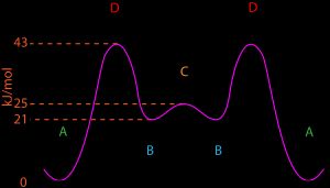 사이클로헥세인 입체 배좌와 각 배좌에서의 퍼텐셜 에너지 관계