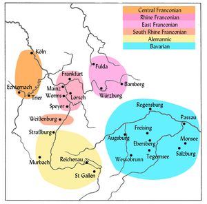 주요 고대 고지 독일어 필사본과 고대 고지 독일어 "수도원 방언" 지역을 보여주는 지도