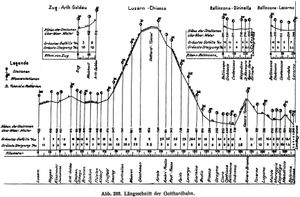 고트하르트 터널 및 철도 노선 고도 지도. 슈타이넨을 통과하는 고트하르트 노선