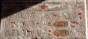 데이르 엘-바하리에서 하트셉수트의 사후 명예 훼손의 예시. 투트모세 3세의 카르투슈(오른쪽)는 그대로 남아있는 반면, 하트셉수트의 카르투슈(왼쪽)는 훼손되었으며, 이는 아멘호테프 2세에 의해 행해졌을 가능성이 높다.