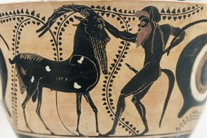 왼쪽의 염소는 짧은 염소 꼬리를 가지고 있지만, 오른쪽의 그리스 사티로스는 염소 꼬리가 아닌 긴 말 꼬리를 가지고 있다(아티카 도자기, 기원전 520년).