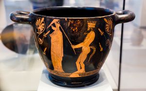 사티로스가 바실리나(여왕)를 호위하는 장면, 아티카 적색 채색 스퀴포스. 기원전 440년경