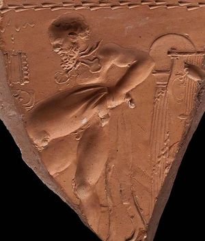 수염을 기른 사티로스가 가죽 부대를 비우는 모습, 도자기, 아레티누스 도기, 로마, 아우구스투스 시대 기원전 31년–서기 14년