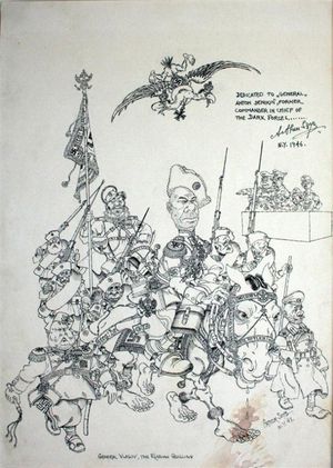 아서 시크의 풍자화 "러시아 괴뢰 블라소프 장군"(1943). 블라소프는 러시아 제국 양두 독수리를 위에 둔 백군에 둘러싸인 극우 반동으로 묘사된다.