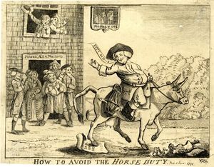 1784년 조나단 대처라는 체셔 농부가 말 소유에 대한 세금을 도입한 윌리엄 피트 더 영거의 1784년 예산에 항의하기 위해 소를 타고 스톡포트 시장으로 가는 풍자적인 판화