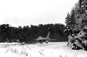 미국 공군 제너럴 다이내믹스 F-16 파이팅 팔콘이 1981년 플레스란드 공군 기지 방문
