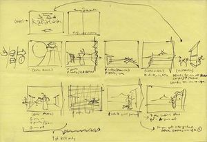 게임의 진행 과정을 계획하기 위해 손으로 그린 오프닝 스토리보드