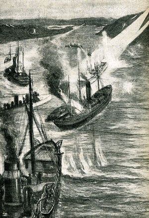 제2차 여순항 봉쇄 작전을 그린 삽화. 러시아군은 서치라이트를 효과적으로 사용하여 일본군을 격퇴했다