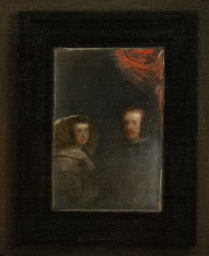 뒷벽에 걸린 거울의 세부 묘사, 펠리페 4세와 그의 아내 오스트리아의 마리아나의 반사된 이미지를 보여준다