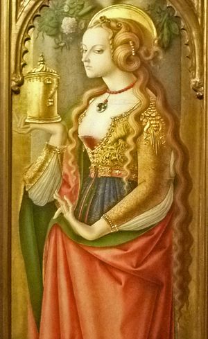 마리아 막달레나 (1480–1487), 국제 고딕 양식의 카를로 크리벨리의 제단화로, 그녀의 긴 금발을 묘사함