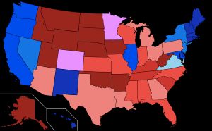 주별 현직 하원 의원. 색이 짙을수록 해당 정당 소속 의원의 비율이 높다. 짙은 파란색과 빨간색은 해당 정당 소속 의원이 100%임을 나타낸다. 보라색 주는 양분되어 있다.