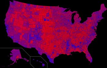 2016년 미국 대통령 선거 결과를 군별로 나타낸 것으로, 민주당 파란색에서 공화당 빨간색까지의 색상 스펙트럼 사용