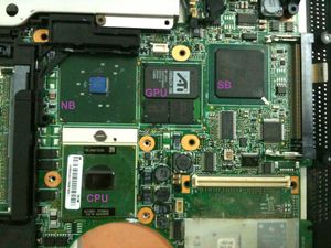 CPU, GPU, 노스브리지 (NB), 사우스브리지 (SB)를 보여주는 IBM 씽크패드 T42 노트북 마더보드의 일부