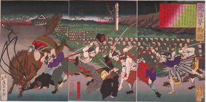 신사이 토시미츠의 겐지 유메 모노가타리(1878). 가와카미 겐사이와 그의 동료들이 사쿠마 쇼잔을 암살하는 모습을 그린 니시키에 판화.