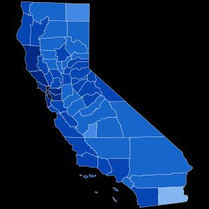 카운티별 결과:  제리 브라운 90% 초과(파란색), 80-90%(진한 파란색), 70-80%(하늘색), 60-70%(연한 파란색), 50-60%(아주 연한 파란색)