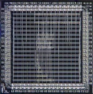 미리 정의된 논리 셀과 맞춤형 상호 연결을 보여주는 게이트 어레이 ASIC의 현미경 사진. 이 특정 설계는 사용 가능한 논리 게이트의 20% 미만을 사용한다.