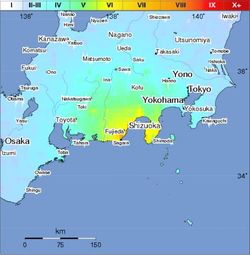 일본 기상청 진도 계급에 따른 관측치를 기반으로 산출된 추정 진도 분포도