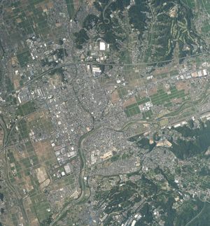 후쿠로이시 중심부 주변의 항공 사진. 2020년 8월 16일 촬영.