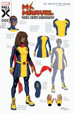 Jamie McKelvie의 그림이 있는 Ms. Marvel: The New Mutant (2023) #2의 변형 표지. 그의 의상 디자인 시트와 메모가 특징이다.
