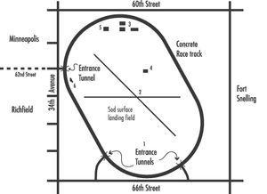 1923년 미니애폴리스 스피드웨이 공항의 경계와 이를 둘러싼 트윈 시티 스피드웨이 경주 트랙을 보여주는 지도.
