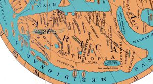 라벤나 지리학의 재구성, 프톨레마이오스 지도에 배치. 하단에 게르 강이 보인다.