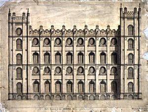 토성석, 지구석 디테일, 해 얼굴, 각도기와 컴퍼스 창 장식이 있는 원래 1854년 고도 계획. 이러한 요소들은 나중에 폐기되었다.