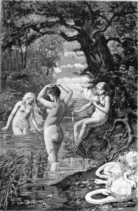 3명의 백조 처녀. 「벨룬드의 노래」의 발키리가 백조의 날개옷을 벗고 있다.