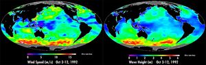 이 이미지는 1992년 10월 3일부터 10월 12일까지 NASA의 TOPEX/Poseidon 듀얼 주파수 레이더 고도계로 관측한 전 세계 풍속 및 파고 분포를 보여준다. 풍속과 파고의 동시 관측은 과학자들이 해양 파도를 예측하는 데 도움이 된다.