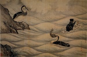 가마우지가 물고기를 잡는 모습. 유히의 비단 두루마리, 에도 중기, 일본, 1755년