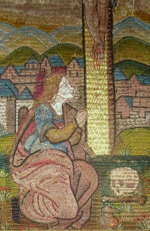 갈보리 산에 묻힌 것으로 여겨졌던 아담의 머리뼈를 묘사한 17세기 실크 자수.