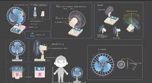 "레트로 전기 선풍기"의 컨셉 아트; 아트 디자이너 스기모토 히로미는 "상상력 격차"가 가구 디자인을 광범위하게 남겨 플레이어가 실제와 같은 모습으로 상상할 수 있도록 한다고 설명했다.