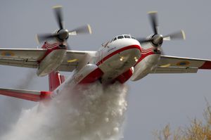 우크라이나 국가 비상 서비스 소속 Antonov An-32(안토노프 An-32)가 산불에 물을 투하한다.