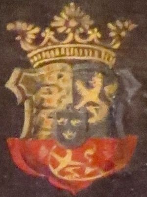 마르그레테 1세의 문장으로, 세 개의 왕관과 뱔보 가문을 포함한다.