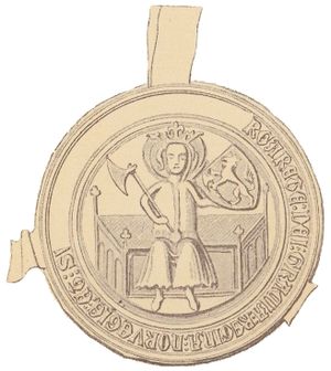 1388년 3월 6일자 문서에 있는 마르그레테의 노르웨이 인장, 아케르스후스. 비문에는 '마르그레테, 신의 은총으로, 노르웨이와 스웨덴의 여왕'이라고 적혀 있다.