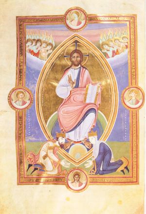 콘라트 2세와 그의 아내 기젤라가 마제스타스 도미니 앞에서 무릎을 꿇고 있으며, 에스코리알렌시스 황금 복음서, 1045/46년경; 마드리드, 엘 에스코리알 산 로렌초 수도원 도서관