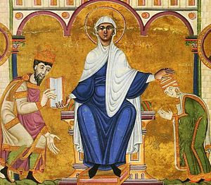 마리아의 옥좌에 앉은 하인리히 3세와 아그네스, 슈파이어 복음서, 1046