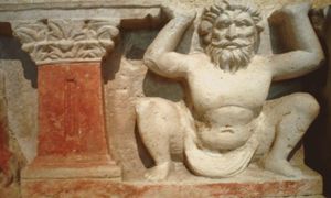 아틀라스가 불교 기념물을 받치고 있는 모습, 하다.