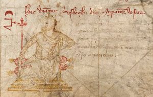 1339년 둘체르트 지도에 묘사된 우즈베크 칸. 전설: Hic dominatur Usbech, dominus imperator de Sara, "여기 우즈베크가 통치한다, 사라이의 황제 군주."