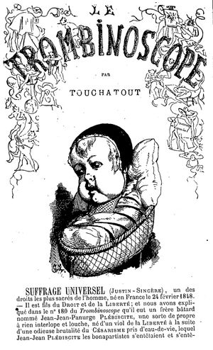 토샤투의 풍자 그림, "1848년 2월 24일 프랑스에서 태어난 인류의 가장 신성한 권리 중 하나"인 보편적 선거권의 탄생을 묘사