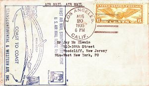 윌리 포스트가 1935년 2월에서 6월까지 로스앤젤레스에서 뉴욕까지 최초의 고고도 무착륙 대륙 횡단 비행을 시도하는 동안 사용했던 봉투