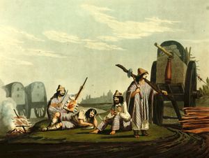 부에노스 아이레스를 방문한 투쿠만 지방의 가우초 — 아사도의 최초 묘사 (에메릭 에섹스 비달, 1820)