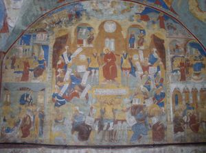 예수의 재판과 매질을 묘사한 프레스코화 (17세기, 야로슬라블 성 요한 세례자 교회, 러시아).