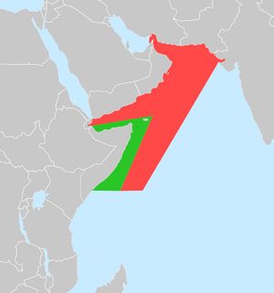 아프리카의 뿔 HOA (녹색) 및 아프리카의 뿔 확장 HOAEX (적색) 해상 지역 – CTF-150의 주요 지역