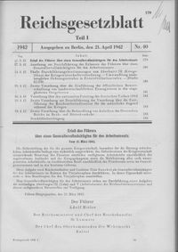 자우켈의 노동력 배치 총감 취임에 관한 총통 명령을 게재한  (1942년 4월 21일 발행)