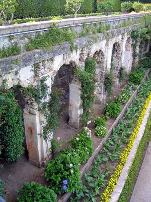 꽃으로 둘러싸인 오래된 이탈리아 벽