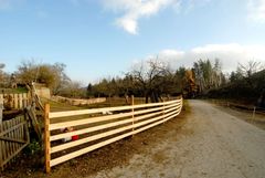 오스트리아 시골의 목초지를 둘러싼 현대식 나무 울타리. 물리적 울타리의 예.